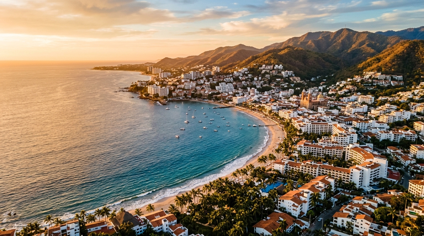 Aerial view of Puerto Vallarta bay at sunset