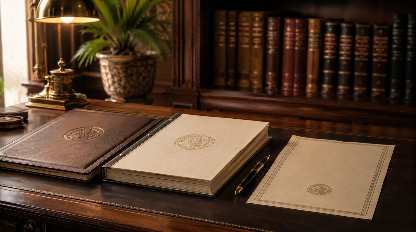 Two formal legal folders with corporate seals beside a personal property document on a lawyer's desk