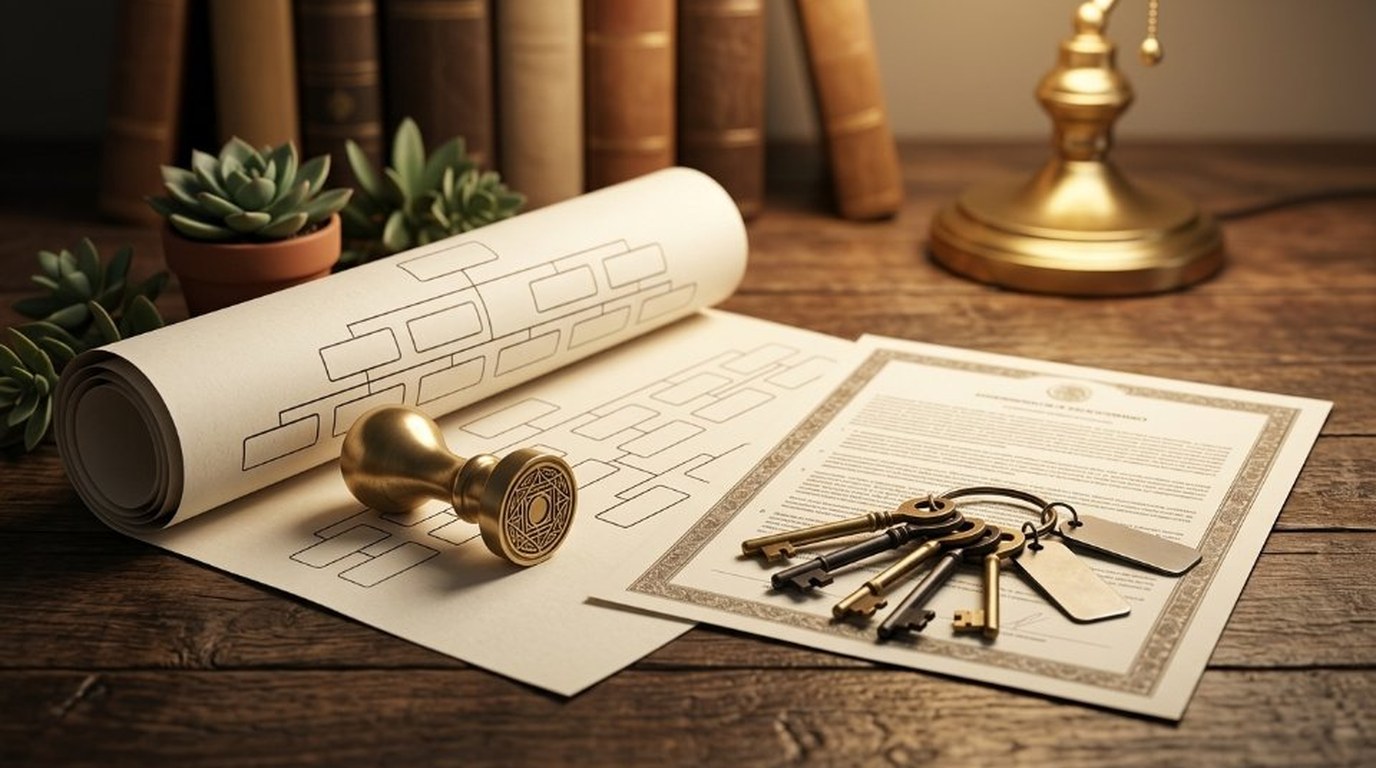Rolled corporate org chart with brass seal and keys over a Mexican property certificate