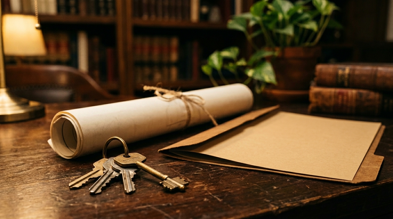 Keys, rolled blueprint, and empty manila folder on a dark wooden desk