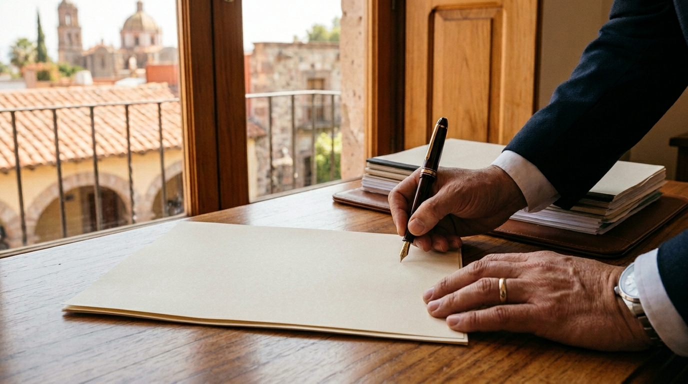 Signing a property deed at a notary office in Mexico